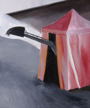 Lino Frongia: Piccola macchina mitologica, 2001, olio su tela, , 50x50cm, 
